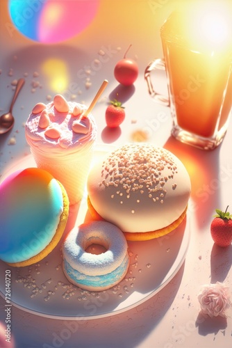 cakes and desserts with iced tea on table