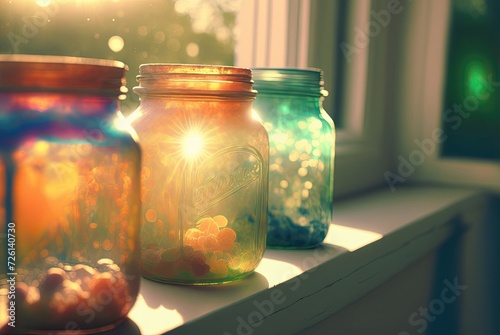 rows of colorful jars on window sill inside