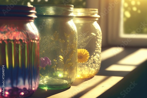 rows of colorful glass mason jars with plants on window sill inside