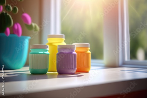 rows of colorful jars on window sill inside