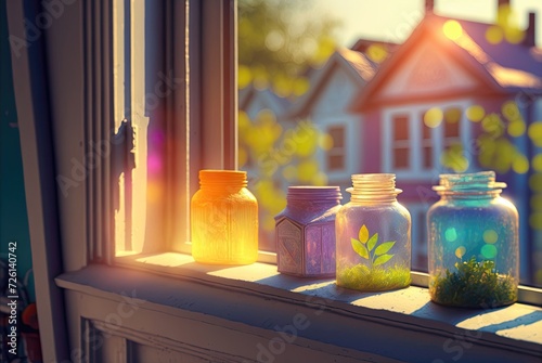 rows of colorful jars with plants on window sill inside with window to neighborhood