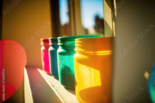rows of colorful jars on window sill inside