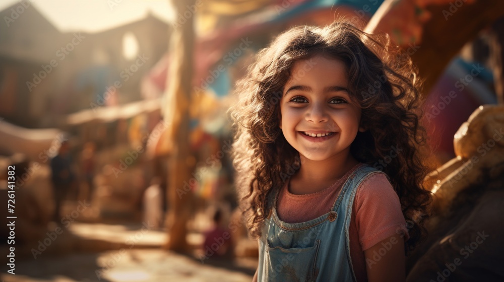 Radiant young girl with curly hair smiling in a sunlit traditional market setting. Radiant young girl with curly hair smiling in a sunlit traditional market setting.