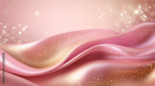 Silky pink satin material with golden glitter sprinkled, creating an elegant and luxurious texture.