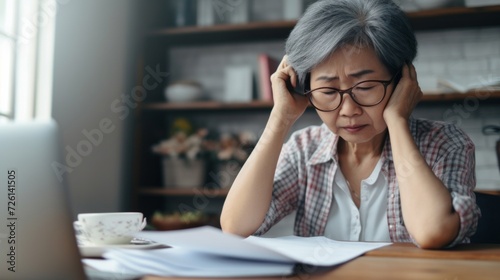 Elderly Asian woman feeling overwhelmed with paperwork and bills at home.