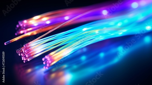 A close-up shot of colorful illuminated fiber optic cables, symbolizing high-speed data transmission.
