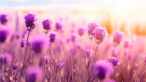 Sunset casting a warm glow over a field of lavender flowers  creating a tranquil and romantic atmosphere.