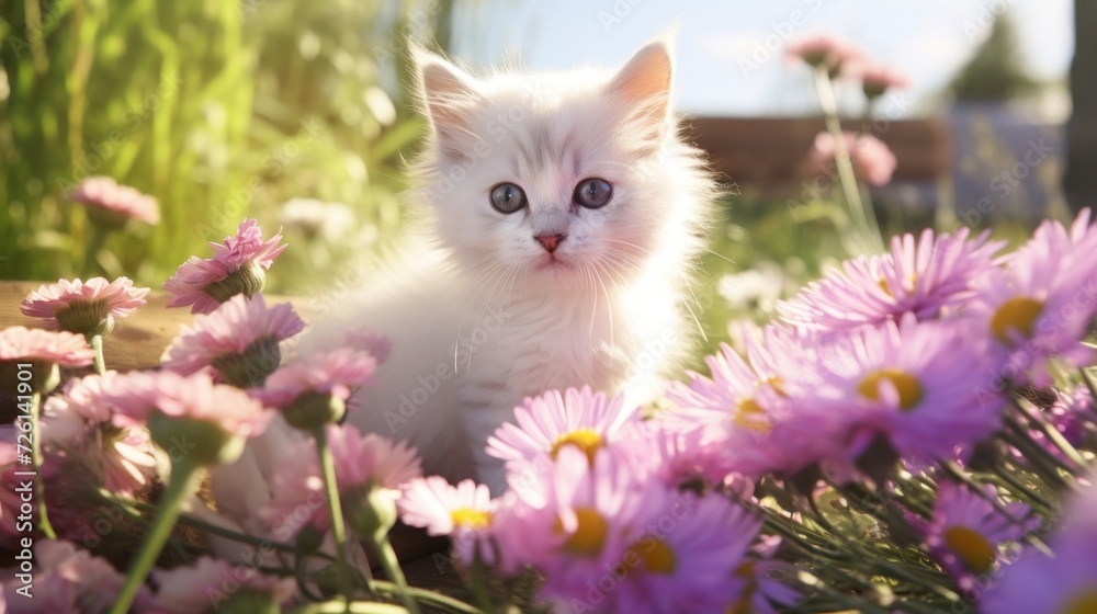 A fluffy white kitten sits surrounded by vibrant pink daisies in a sunny garden setting.