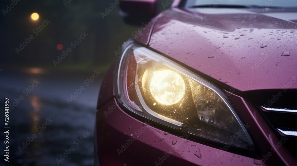 Shiny purple car featuring bright headlights on a reflective wet road during a rainy night.