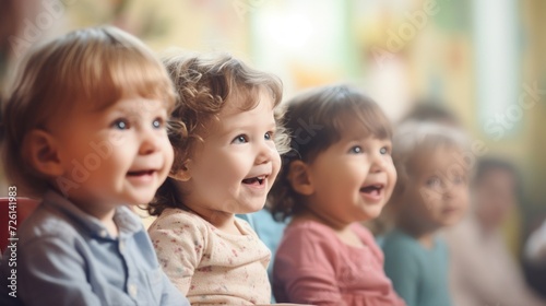 Group of happy toddlers with bright expressions enjoying a puppet show in a preschool environment.