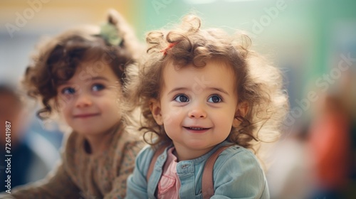 Adorable curly-haired child with a big smile sitting in a lively preschool classroom.