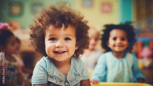 A smiling curly-haired toddler enjoying playtime with diverse friends in a colorful daycare setting.