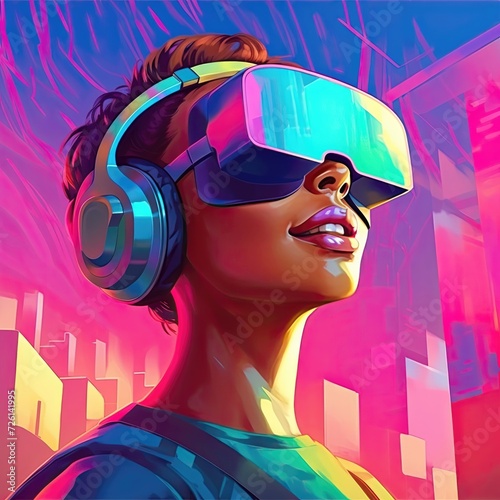 Illustration of young POC woman with headphones and vr headset gazing colorful metaverse cityscape