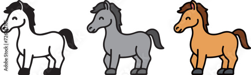 Cute Animal horse  with 3 different styles  Black and White  Grey  and Outline Color.