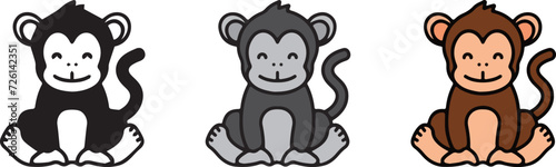 Cute Animal Monkey  with 3 different styles  Black and White  Grey  and Outline Color.