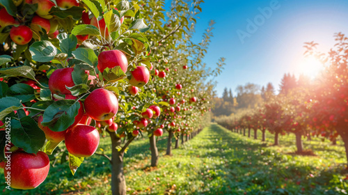 Apple Orchard with Sunlight and Rows of Trees