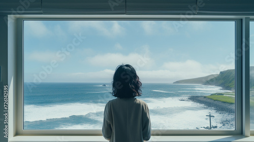大きな窓から海を眺める女性の後ろ姿 © Hamupata
