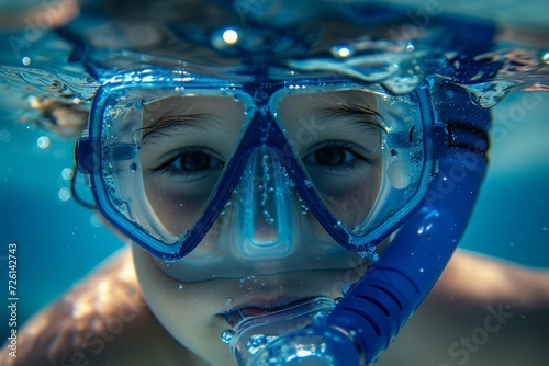  child snorkeling for the first time, their joyful expression visible through the mask. 