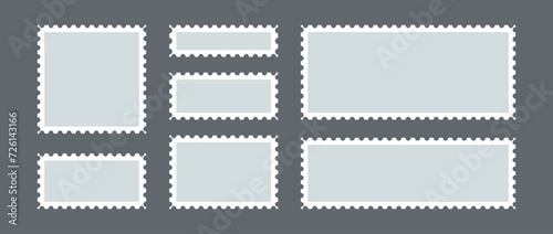 Postage stamp set. Post stamp frame or border. Light blue square and rectangular template for mail, postcard, letter. Jagged wavy edge forms. Vintage objects for poster, banner, badge, sticker. Vector