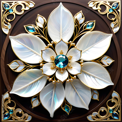 AI prompt: 4K+ graphic of an intricate ragrass flower with mother-of-pearl, gemstones, and gold, capturing a captivating and enchanting atmosphere.(Generative AI) 