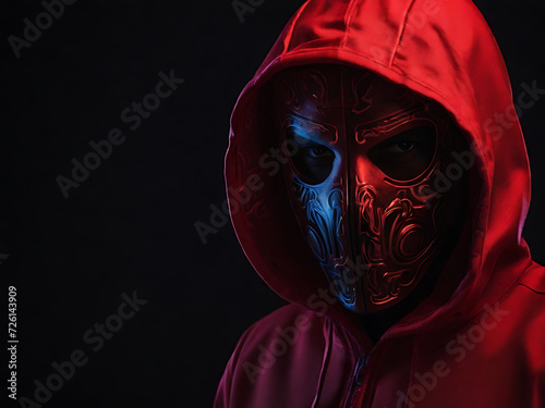 Computer hacker in hoodie , Data thief, internet fraud, darknet and cyber security concept ,hacker in a red hoodie ,anonymous computer hacker photo