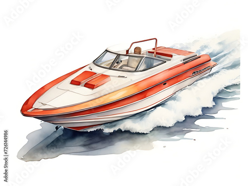 A speedboat (motorboat) at sea hand drawn in watercolor isolated on a white background