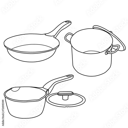 Kitchen utensils set, tools, and equipment for cooking. Kitchenware set. Stock pot, saute pan, sauce pan, casserole. Flat vector illustrations of cookware kitchen utensils objects.
