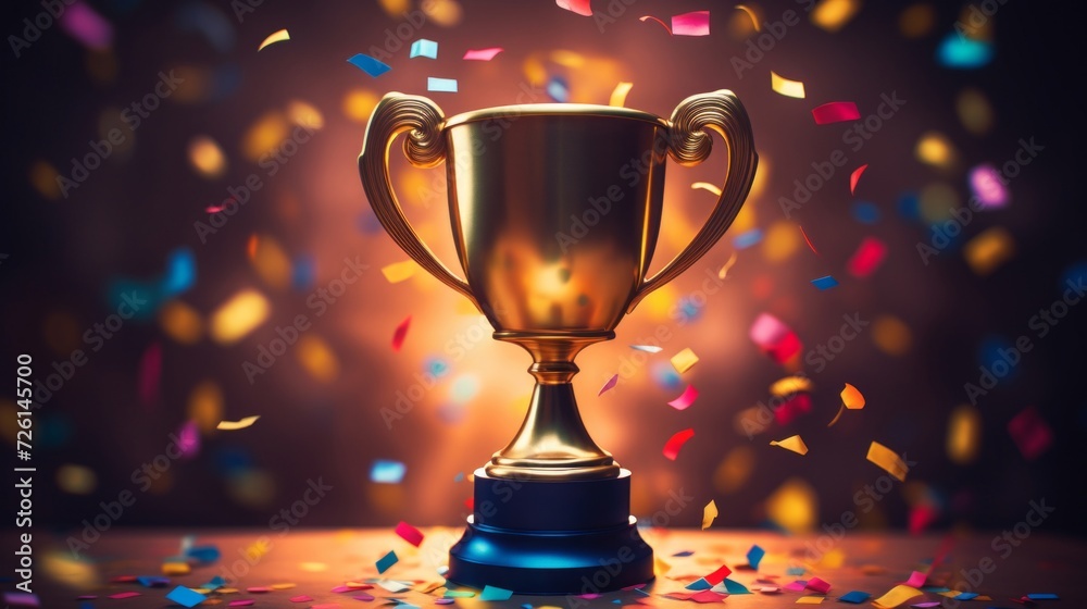 A shining golden trophy cup highlighted by flying colorful confetti, symbolizing victory and celebration. A shining golden trophy cup highlighted by flying colorful confetti, symbolizing victory and celebration.