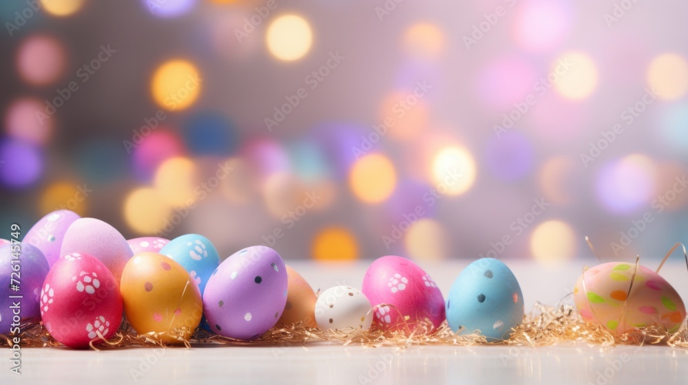 Vibrant, painted Easter eggs with playful patterns on a bed of straw against a background of colorful bokeh lights. Vibrant, painted Easter eggs with playful patterns on a bed of straw against a background of colorful bokeh lights.