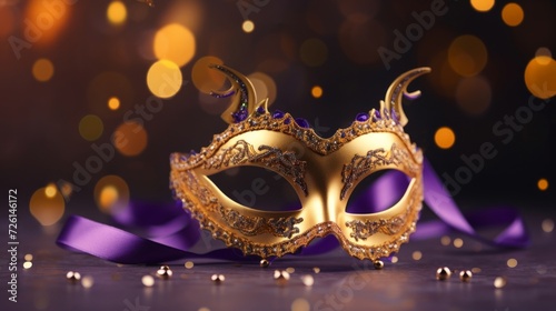 Festive Venetian mask with golden decoration against a blurred light background.
