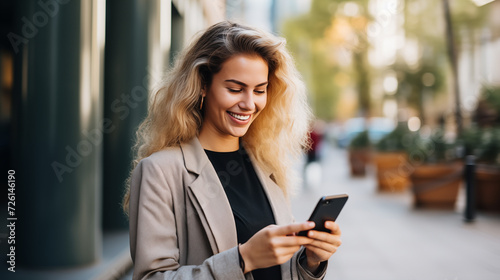 Happy beautiful cheerful young woman with her smartphone, smiling and feeling good. Having fun using phone.