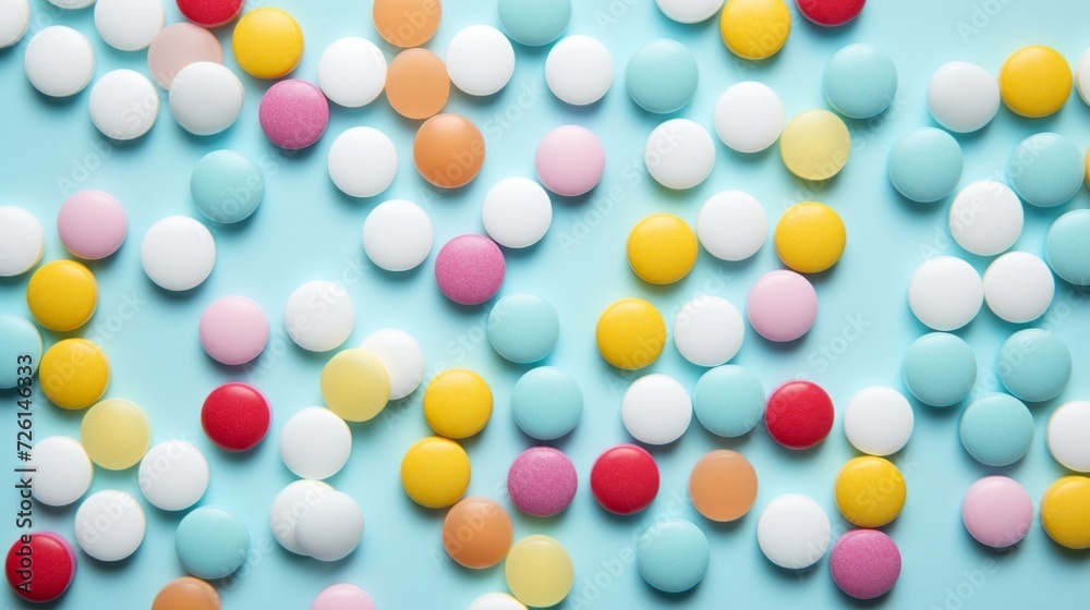 Rows of multicolored medication pills organized neatly against a light blue background, symbolizing health care and pharmacy.