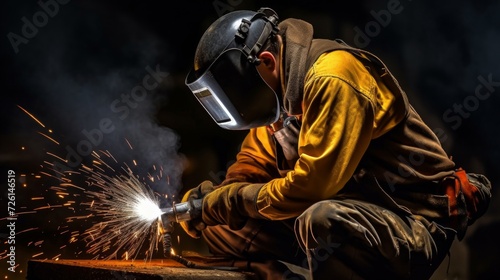 Close-up of a professional welder welding metal with sparks in a dark workshop.