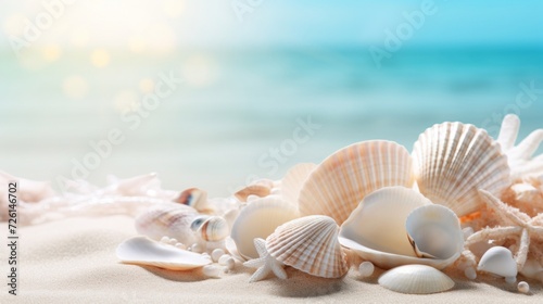 Assorted seashells and starfish on sandy beach shore with a soft focus on sunlit sea in the background, embodying summer and tranquility.