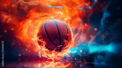 A digital image of a basketball surrounded by intense flames, symbolizing high energy and powerful dynamics in sports.