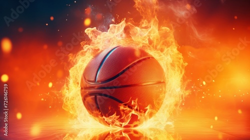 A basketball caught in a blaze of fire, contrasting with a fiery orange background, exuding energy and motion.