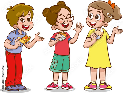 Vector illustration of kids eating sandwiches.