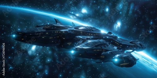 Futuristic spaceship flying in space with glowing lights 3D rendering