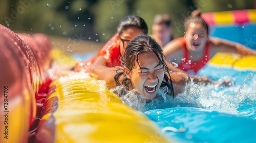  capturing a group of friends on an inflatable water obstacle course, conquering a challenging slide. 