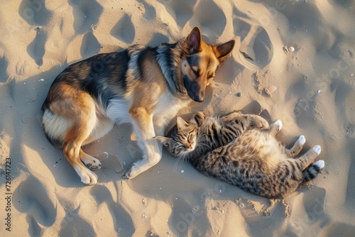 dog and cat lying together on the sand, showcasing an unlikely friendship. Aerial view of the dog and cat