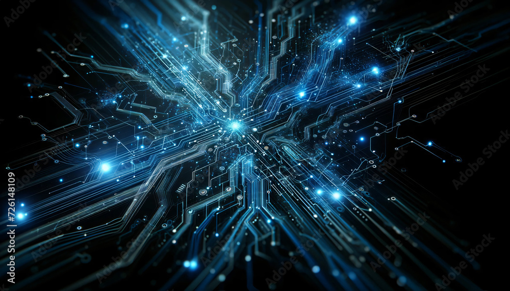 A blue banner of old technology and new using computer circuits and old machine cogs A blue banner of old technology and new using computer circuits and old machine cogs