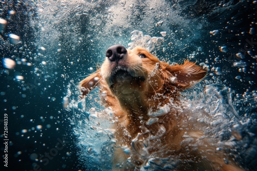 dog shaking off water underwater, creating a whirl of bubbles around it. Close-up of the shaking action, dynamic and energetic moment, vivid and sparkling underwater lighting. © mariyana_117