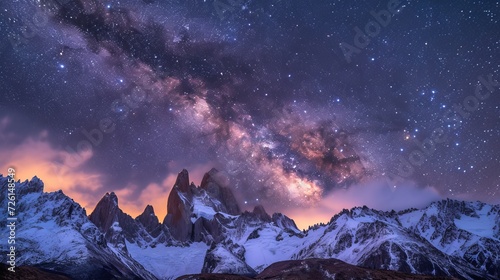 Starry Sky Over Jagged Mountain Peaks and Snow