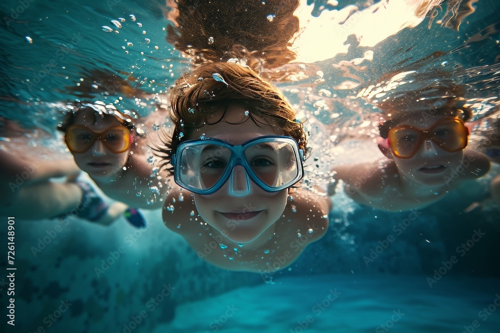 Fototapeta premium Focus on the line-up, fun and playful interaction, dynamic and cheerful underwater lighting.