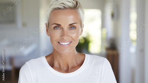 Portrait of a radiant mature woman with a short hairstyle, exuding confidence and joy in her home environment.