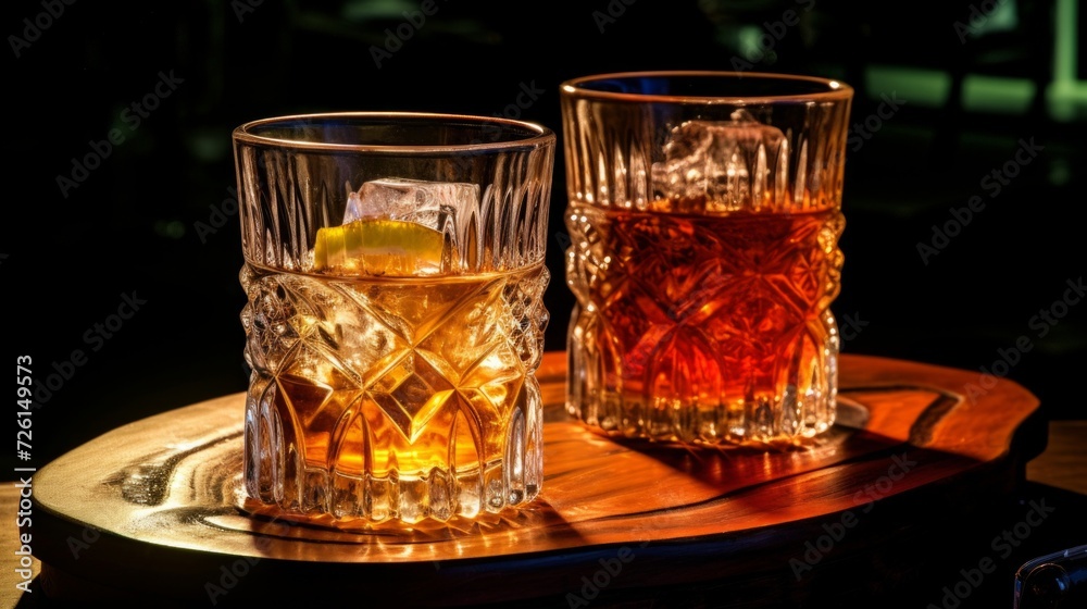 Two whiskey glasses with ice on a wooden serving board in ambient light.
