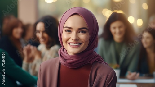 Cheerful Muslim woman in a hijab enjoying a social event with blurred friends. photo