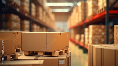 Stacked cardboard boxes on wooden pallets in a well-organized warehouse setting.