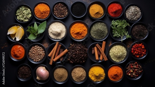 An assortment of spices and herbs displayed in small bowls against a dark background.