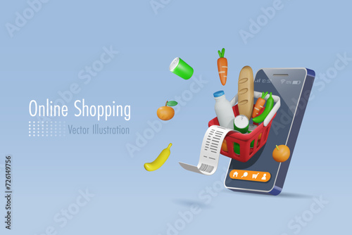 Online grocery shopping and payment. Grocery shopping basket with billing receipt on smartphone application. 3D cartoon character. Vector.